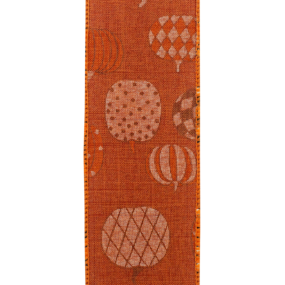 10 yards --- 2 ½ inch --  Pumpkin Fun--- Rust Colored Linen Background Wired Edge Ribbon
