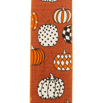 Load image into Gallery viewer, 10 yards --- 2 ½ inch --  Pumpkin Fun--- Rust Colored Linen Background Wired Edge Ribbon

