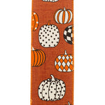 Load image into Gallery viewer, 10 yards --- 2 ½ inch -- Pumpkin Fun--- Rust Colored Linen Background Wired Edge Ribbon