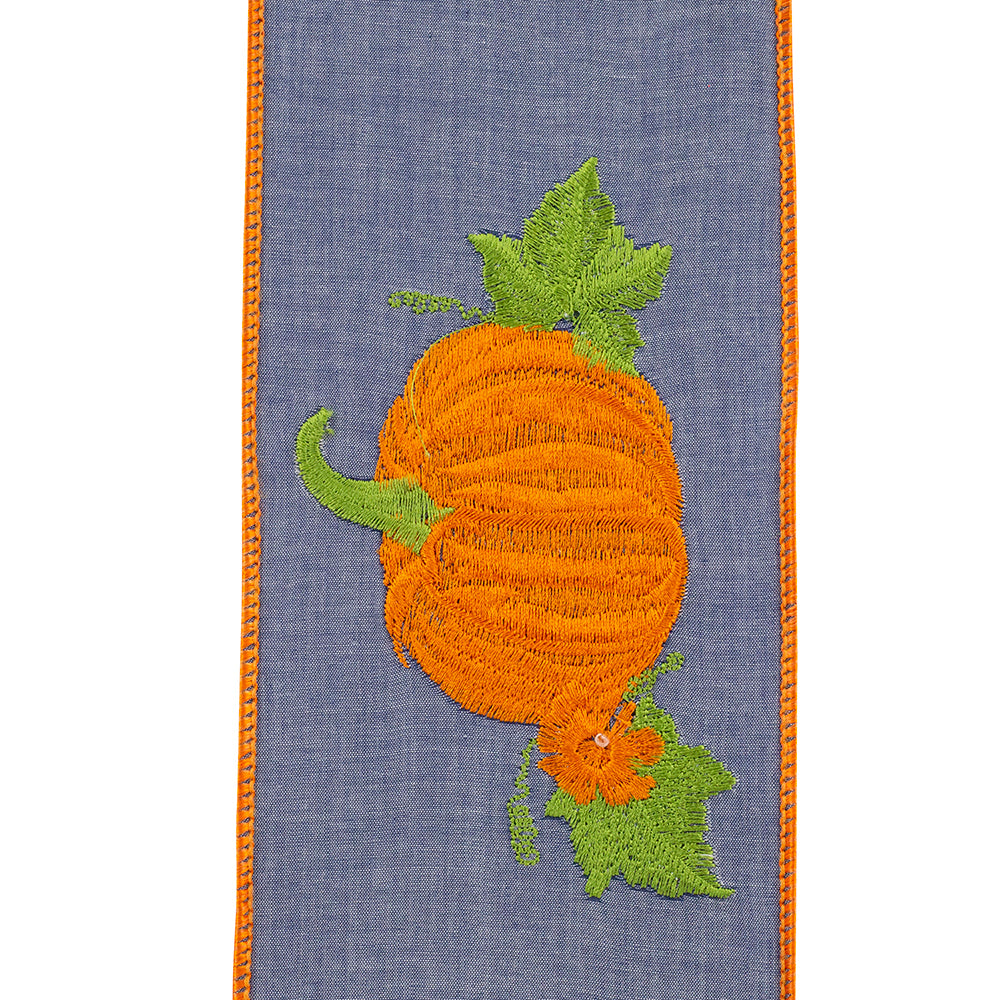 5 yards --- 4 inch -- Deluxe Pumpkin Embroidered Wired Edge Ribbon