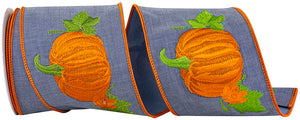 5 yards --- 4 inch -- Deluxe Pumpkin Embroidered Wired Edge Ribbon