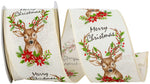 Load image into Gallery viewer, 10 yards --- 2 ½ inch -- Deer Sincere "MERRY CHRISTMAS" Linen Wired Edge Ribbon