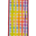 Load image into Gallery viewer, Close-up front view of the Deluxe Dupioni ribbon highlighting the textured fabric weave overlaid with a colorful watercolor plaid print and red stitched wired borders.