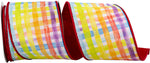 Load image into Gallery viewer, A partial loop of the 4 inch wide Water Color Plaid Print Deluxe Dupioni Backed Wired Edge Ribbon, showing a bright multi-color plaid face and a rich red underside.