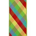 Load image into Gallery viewer, Close-up front view of the Deluxe Dupioni ribbon highlighting the slub fabric texture overlaid with a vibrant diagonal red, yellow, and blue plaid print with green stitched wired borders.