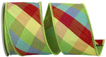 Load image into Gallery viewer, A partial loop of the Primary Plaid Diagonal Deluxe Dupioni Backed Wired Edge Ribbon, displaying its multi-color diamond grid front and rich lime-green backing fabric.