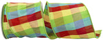 Load image into Gallery viewer, A loose loop of the Plaid Primary Jumbo Everyday Dupioni Wired Edge Ribbon, highlighting the large blocks of red, yellow, blue, and green on a textured fabric base with a green stitched wire border.