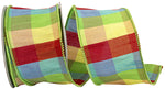 Load image into Gallery viewer, A loose loop of the Plaid Primary Jumbo Everyday Dupioni Wired Edge Ribbon, highlighting the large blocks of red, yellow, blue, and green on a textured fabric base with a green stitched wire border.