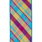 Load image into Gallery viewer, Close-up of 4 inch turquoise plaid ribbon with magenta and yellow accents