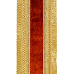 Load image into Gallery viewer, Front view of plush copper velvet wired edge ribbon featuring metallic gold dupioni backing and elegant gold fringe trim.