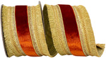 Load image into Gallery viewer, Plush copper velvet wired edge ribbon with metallic gold backing and decorative gold fringe trim shown on a 5-yard roll.