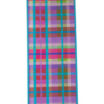 Load image into Gallery viewer, Close-up of multicolor plaid 4 inch ribbon with bold turquoise grid