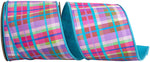 Load image into Gallery viewer, Bright multicolor plaid turquoise backed wired ribbon in 4 inch width