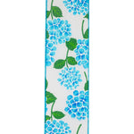 Load image into Gallery viewer, Blue hydrangea floral bright linen wired edge ribbon featuring vibrant blue hydrangea blossoms with green leaves on a white linen-style background, accented with turquoise wired edges for wreaths, bows, floral arrangements, and seasonal decorative crafts.