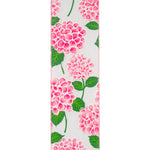 Load image into Gallery viewer, Pink hydrangea floral bright linen wired edge ribbon featuring vibrant pink hydrangea blossoms with green leaves on a white linen-style background, accented with turquoise wired edges for wreaths, bows, floral arrangements, and seasonal decorative crafts.