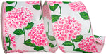 Load image into Gallery viewer, Pink hydrangea floral wired edge ribbon spool featuring bright linen-style white fabric with vibrant pink hydrangea blooms and green leaves, 2-1/2 inch width, 10-yard roll for wreaths, bows, floral arrangements, gift wrapping, and seasonal decorative crafts.
