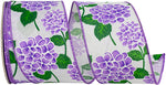 Load image into Gallery viewer, Lavender hydrangea floral wired edge ribbon spool featuring bright linen-style white fabric with vibrant lavender hydrangea blooms and green leaves, 2-1/2 inch width, 10-yard roll for wreaths, bows, floral arrangements, gift wrapping, and seasonal decorative crafts.