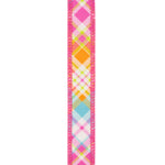Load image into Gallery viewer, Close-up front view of the deluxe backed ribbon highlighting the woven texture overlaid with a bright orange, green, and pink diagonal plaid print with hot pink stitched wired borders.