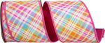 Load image into Gallery viewer, A loose curl of the wide Bright Plaid Diagonal Deluxe Backed Wired Edge Ribbon, displaying its vibrant multi-color diagonal plaid face and rich hot pink backing fabric.