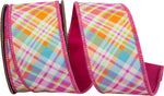 Load image into Gallery viewer, A loose curl of the wide Bright Plaid Diagonal Deluxe Backed Wired Edge Ribbon, displaying its vibrant multi-color diagonal plaid face and rich hot pink backing fabric.
