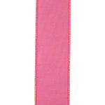 Load image into Gallery viewer, The solid pink reverse side of the dupioni backed ribbon, showcasing its premium textured slub surface and cleanly bound stitched edge profile.