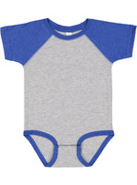 Load image into Gallery viewer, Baby (Raglan Short Sleeve Baseball Bodysuit) -- 100% Cotton -- Vintage Heather / Vintage Royal