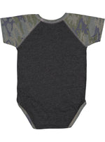 Load image into Gallery viewer, Baby (Raglan Short Sleeve Baseball Bodysuit) -- 100% Cotton -- Vintage Smoke / Vintage Camo
