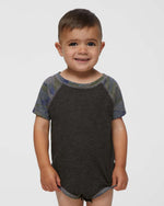 Load image into Gallery viewer, Baby (Raglan Short Sleeve Baseball Bodysuit) -- 100% Cotton -- Vintage Smoke / Vintage Camo