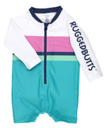 Load image into Gallery viewer, Boys' Long Sleeve One Piece Rash Guard --- UPF 50+ Sun Protection --- Aqua Color Block Design by RuggedButts®