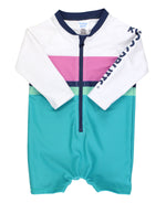 Load image into Gallery viewer, Boys' Long Sleeve One Piece Rash Guard --- UPF 50+ Sun Protection --- Aqua Color Block Design by RuggedButts®