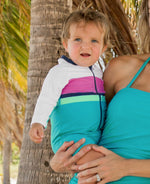 Load image into Gallery viewer, Boys' Long Sleeve One Piece Rash Guard --- UPF 50+ Sun Protection --- Aqua Color Block Design by RuggedButts®