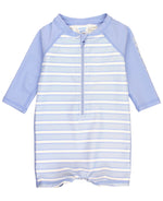 Load image into Gallery viewer, Boys' Long Sleeve One Piece Rash Guard --- UPF 50+ Sun Protection --- Periwinkle Blue & Windsurfer Stripes Design by RuggedButts®