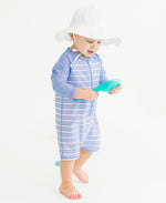 Load image into Gallery viewer, Boys' Long Sleeve One Piece Rash Guard --- UPF 50+ Sun Protection --- Periwinkle Blue & Windsurfer Stripes Design by RuggedButts®
