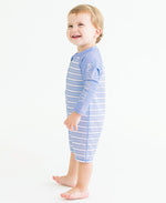 Load image into Gallery viewer, Boys' Long Sleeve One Piece Rash Guard --- UPF 50+ Sun Protection --- Periwinkle Blue & Windsurfer Stripes Design by RuggedButts®