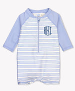Load image into Gallery viewer, Boys' Long Sleeve One Piece Rash Guard --- UPF 50+ Sun Protection --- Periwinkle Blue & Windsurfer Stripes Design by RuggedButts®