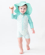 Load image into Gallery viewer, Boys' Long Sleeve One Piece Rash Guard --- UPF 50+ Sun Protection --- Whimsical Charm Design by RuggedButts®