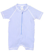 Load image into Gallery viewer, Boys' Short Sleeve One Piece Rash Guard --- UPF 50+ Sun Protection --- Periwinkle Blue Seersucker by RuggedButts®