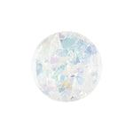 Load image into Gallery viewer, A close-up view of a clear round Diamond Nylon button, showcasing a smooth transparent surface packed with densely clustered iridescent flakes that reflect shades of blue, violet, and gold.