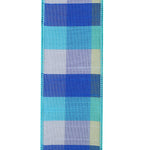 Load image into Gallery viewer, Detailed view of 2.5 inch blue plaid dupioni wired ribbon showing woven texture and turquoise stitched edges