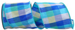 Load image into Gallery viewer, Dupioni Blues Plaid wired edge ribbon, 4 inch wide, with oversized aqua, blue, white and soft green plaid