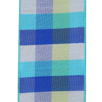 Load image into Gallery viewer, Detailed view of 4 inch blue plaid dupioni ribbon with textured weave and turquoise stitched wired edges