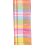 Load image into Gallery viewer, Close-up of 2.5 inch Dupioni Sherbert Plaid wired ribbon showing colorful woven plaid pattern and pink stitched edges