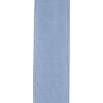 Load image into Gallery viewer, Back side of the 2½-inch Florist Basics Dupioni Supreme ribbon in French Blue displaying the woven polyester backing and reinforced wired edge.