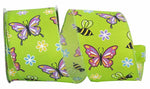 Load image into Gallery viewer, Butterflies & Bees Design - Wire Edge Ribbon -- Green -- Various Sizes