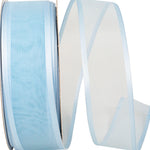 Load image into Gallery viewer, Charlize sheer satin wired edge ribbon spool in light blue color. Available in multiple widths for gift wrapping, floral design, weddings, and craft projects.