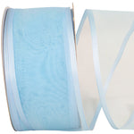 Load image into Gallery viewer, Charlize sheer satin wired edge ribbon spool in light blue color. Available in multiple widths for gift wrapping, floral design, weddings, and craft projects.