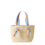 Load image into Gallery viewer, Natural Straw Tote with Light Blue-Coral Striped Ribbon