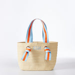 Load image into Gallery viewer, Natural Straw Tote with Light Blue-Coral Striped Ribbon