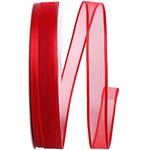 Load image into Gallery viewer, Charlize sheer satin wired edge ribbon spool in lipstick red color. Available in multiple widths for gift wrapping, floral design, weddings, and craft projects.
