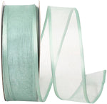 Load image into Gallery viewer, Charlize sheer satin wired edge ribbon spool in mint color. Available in multiple widths for gift wrapping, floral design, weddings, and craft projects.